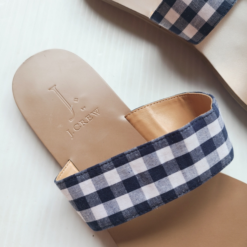 J CREW Boardwalk navy blue gingham plaid slide sandals size 9 - Picture 5 of 9